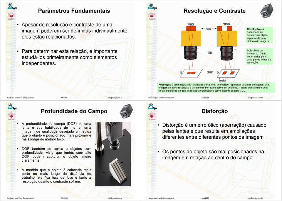 Dois pixels da câmera CCD são necessários para cada par de linhas de resolução. Resolução é uma medida da habilidade do sistema de imagem reproduzir detalhes de objetos.