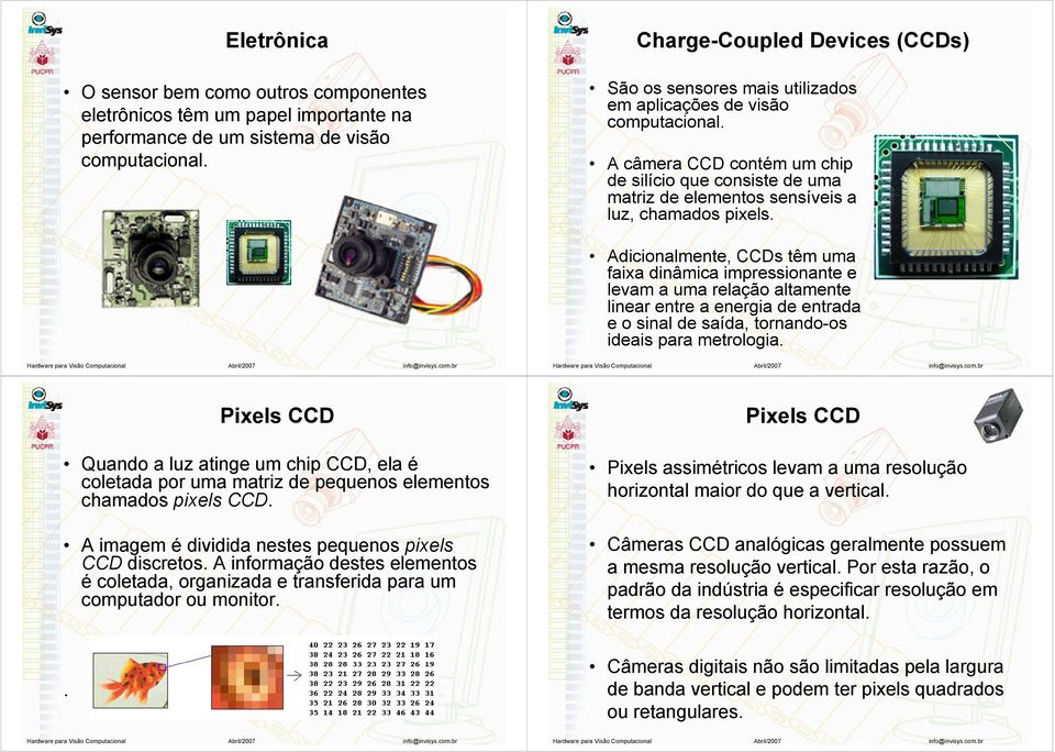 A câmera CCD contém um chip de silício que consiste de uma matriz de elementos sensíveis a luz, chamados pixels.