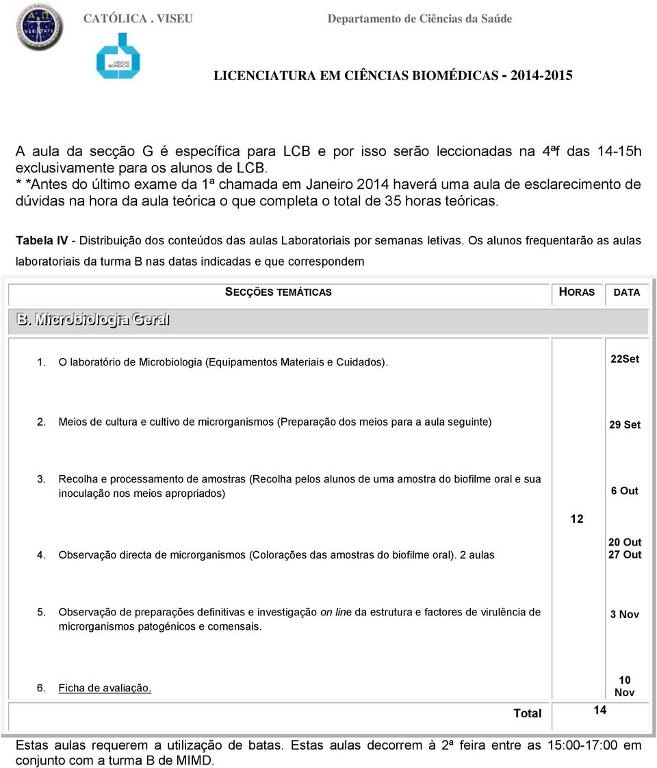 Tabela IV - Distribuição dos conteúdos das aulas Laboratoriais por semanas letivas. Os alunos frequentarão as aulas laboratoriais da turma B nas datas indicadas e que correspondem B.