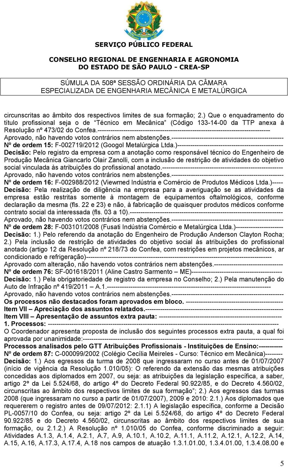 -------------------------------------------------------------------------------- Nº de ordem 15: F-002719/2012 (Googol Metalúrgica Ltda.