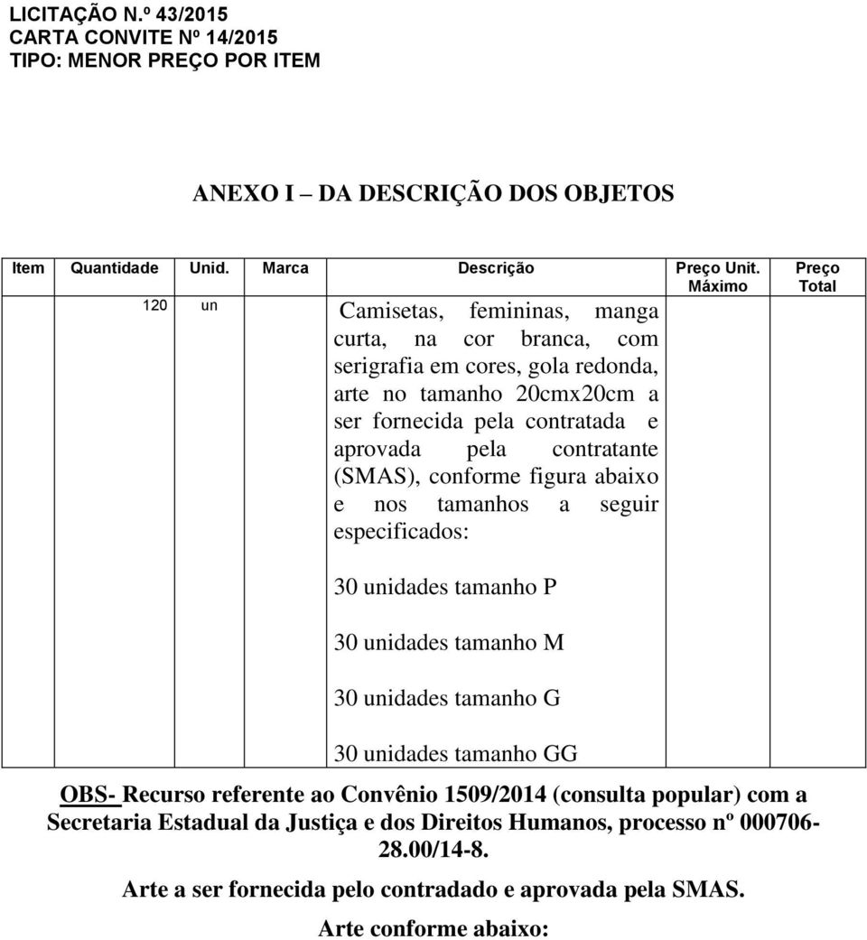 aprovada pela contratante (SMAS), conforme figura abaixo e nos tamanhos a seguir especificados: Preço Total 30 unidades tamanho P 30 unidades tamanho M 30 unidades