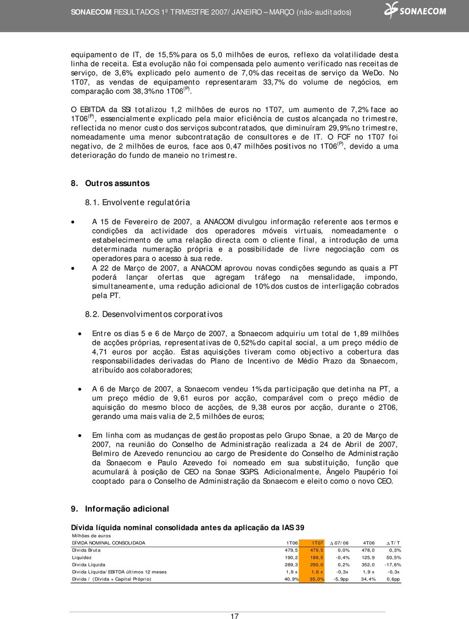 No 1T07, as vendas de equipamento representaram 33,7% do volume de negócios, em comparação com 38,3% no 1T06 (P).