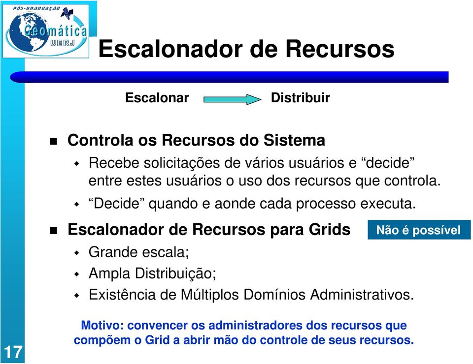 Escalonador de Recursos para Grids Não é possível Grande escala; Ampla Distribuição; Existência de Múltiplos Domínios