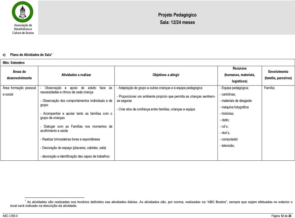 com o grupo de crianças - Adaptação do grupo a outras crianças e à equipa pedagógica - Proporcionar um ambiente propício que permita as crianças sentiremse seguras - Criar elos de confiança entre