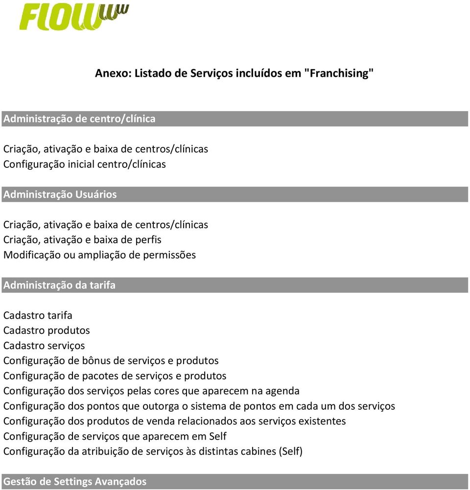 Configuração de bônus de serviços e produtos Configuração de pacotes de serviços e produtos Configuração dos serviços pelas cores que aparecem na agenda Configuração dos pontos que outorga o sistema