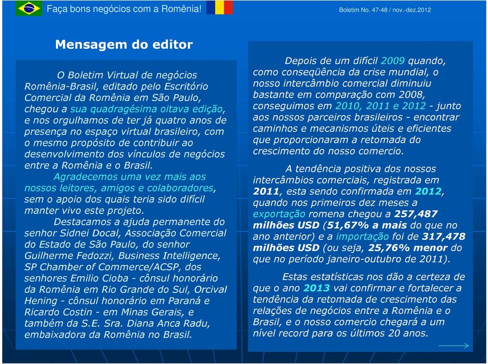 quatro anos de presença no espaço virtual brasileiro, com o mesmo propósito de contribuir ao desenvolvimento dos vínculos de negócios entre a Romênia e o Brasil.