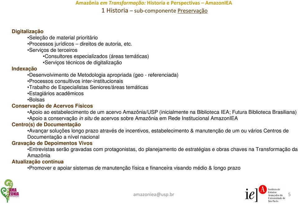 inter-institucionais Trabalho de Especialistas Seniores/áreas temáticas Estagiários acadêmicos Bolsas Conservação de Acervos Físicos Apoio ao estabelecimento de um acervo Amazônia/USP (inicialmente