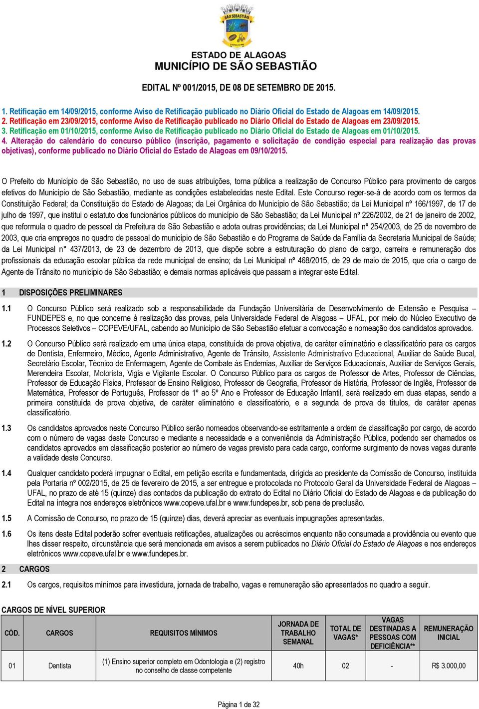 Retificação em 01/10/2015, conforme Aviso de Retificação publicado no Diário Oficial do Estado de Alagoas em 01/10/2015. 4.