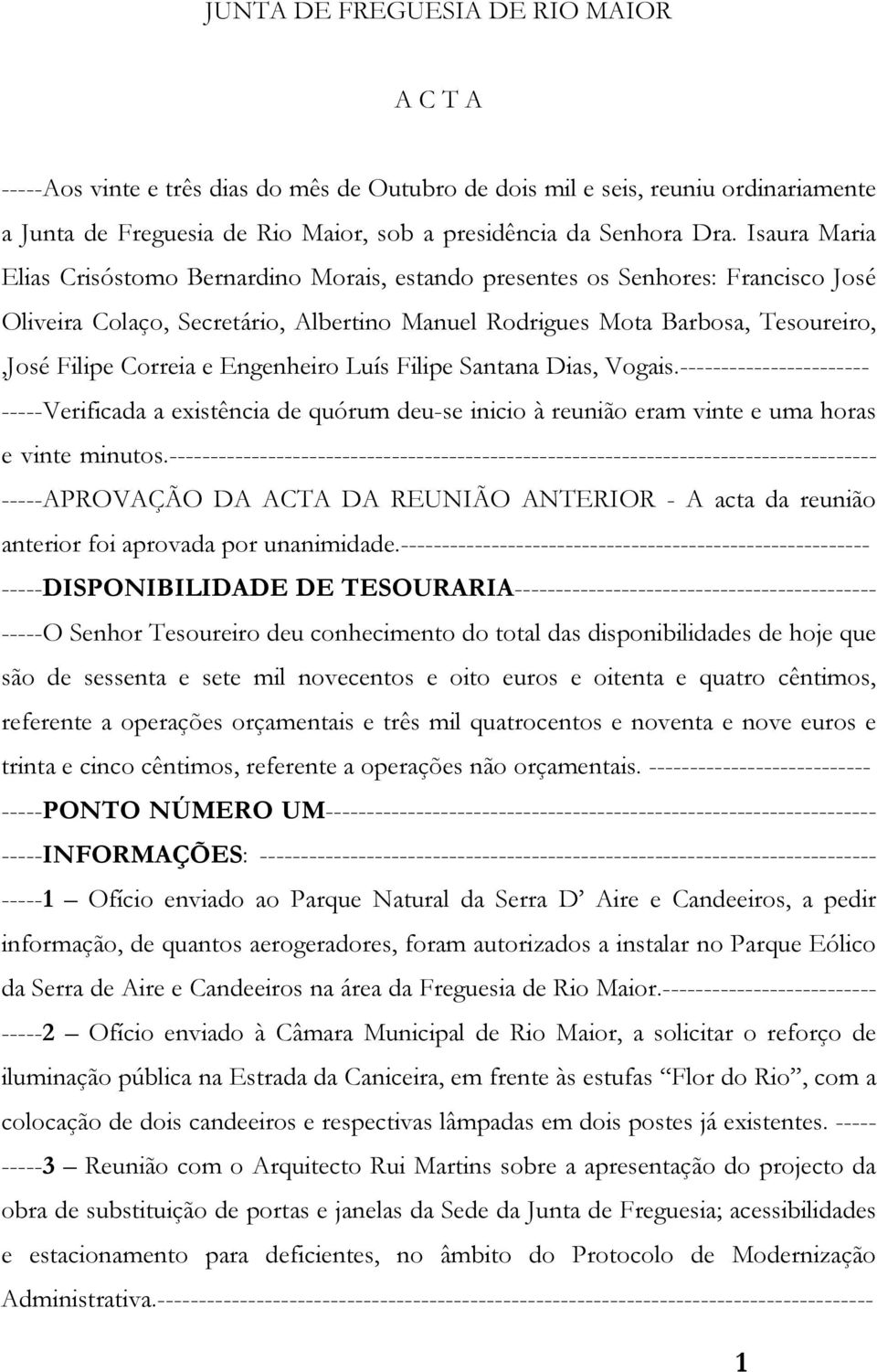 Engenheiro Luís Filipe Santana Dias, Vogais.----------------------- -----Verificada a existência de quórum deu-se inicio à reunião eram vinte e uma horas e vinte minutos.