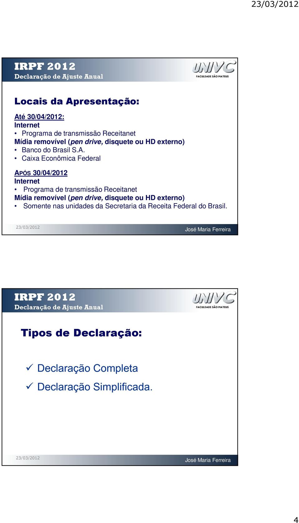Caixa Econômica Federal APÓS 30/04/2012 Internet Programa de transmissão Receitanet Mídia removível (pen