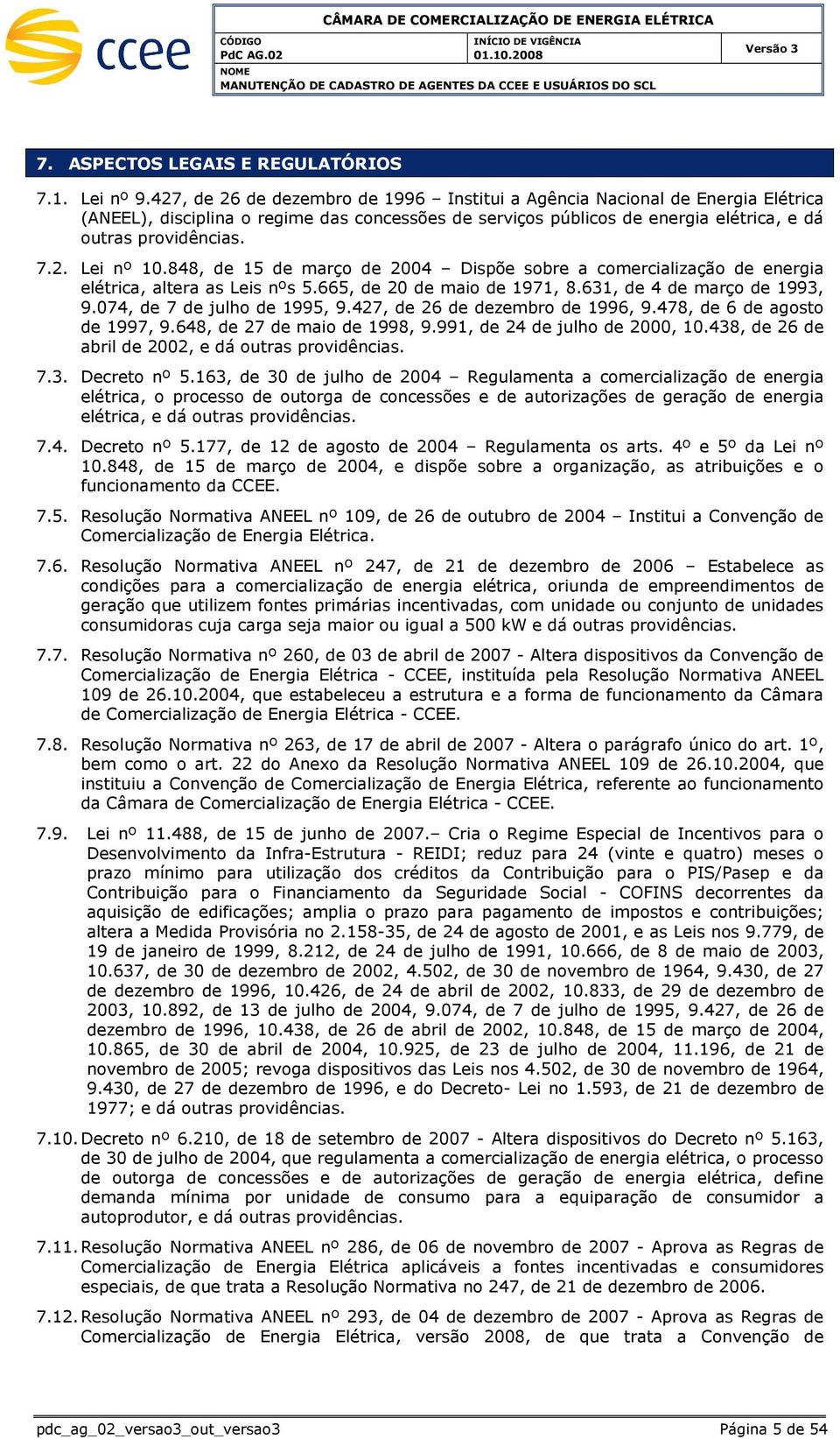 848, de 15 de março de 2004 Dispõe sobre a comercialização de energia elétrica, altera as Leis nºs 5.665, de 20 de maio de 1971, 8.631, de 4 de março de 1993, 9.074, de 7 de julho de 1995, 9.