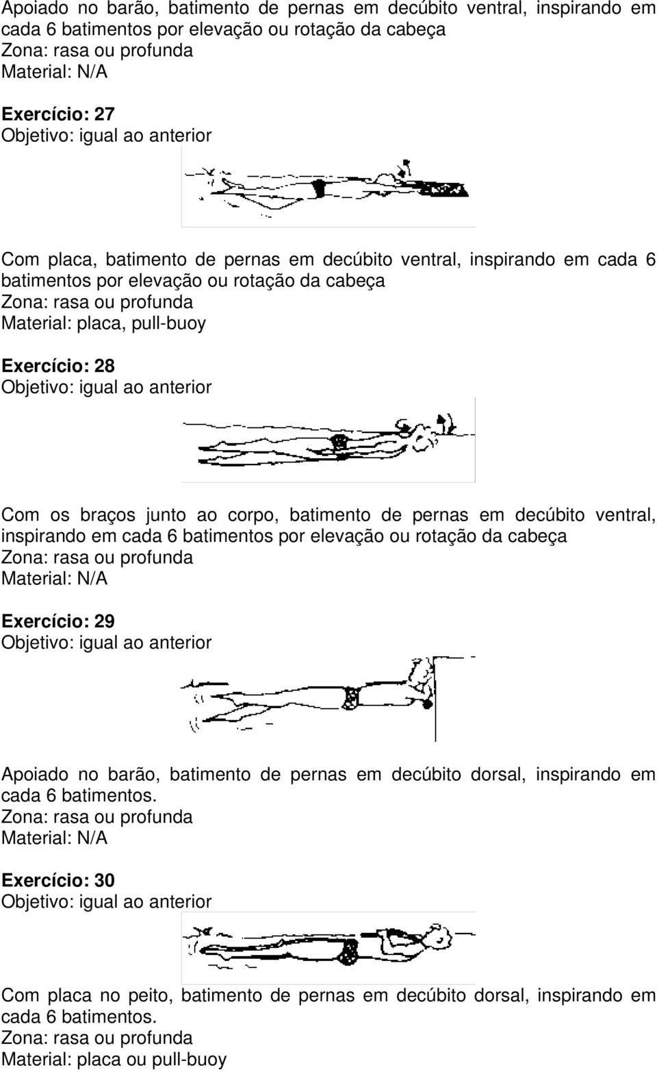 batimento de pernas em decúbito ventral, inspirando em cada 6 batimentos por elevação ou rotação da cabeça Exercício: 29 Apoiado no barão, batimento de pernas em