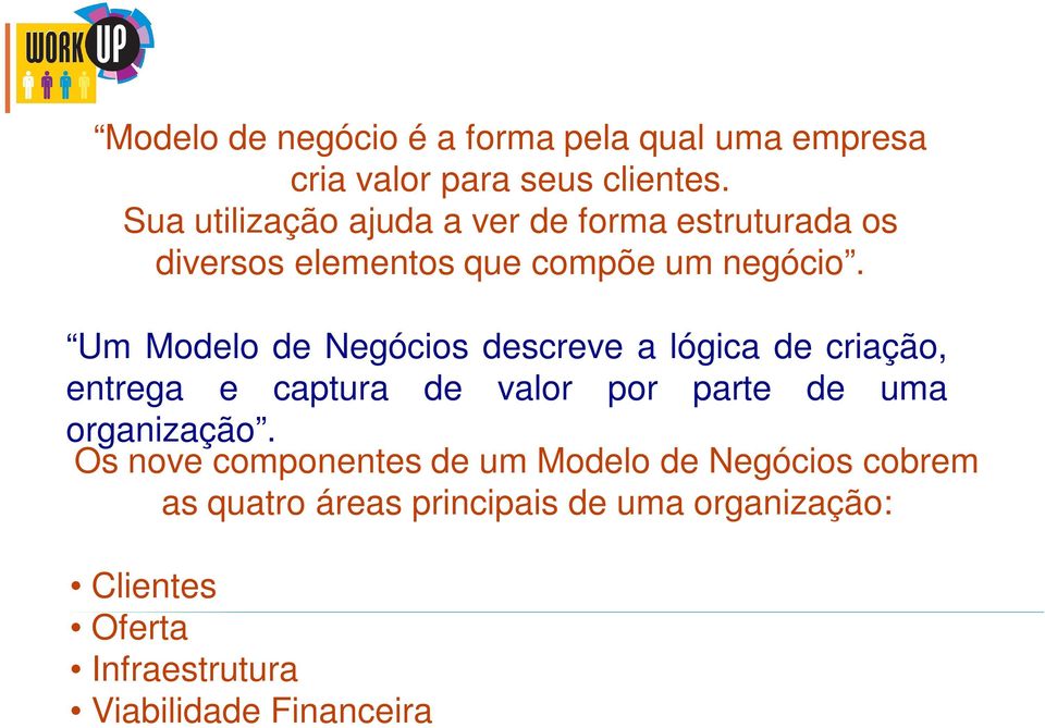 Um Modelo de Negócios descreve a lógica de criação, entrega e captura de valor por parte de uma organização.