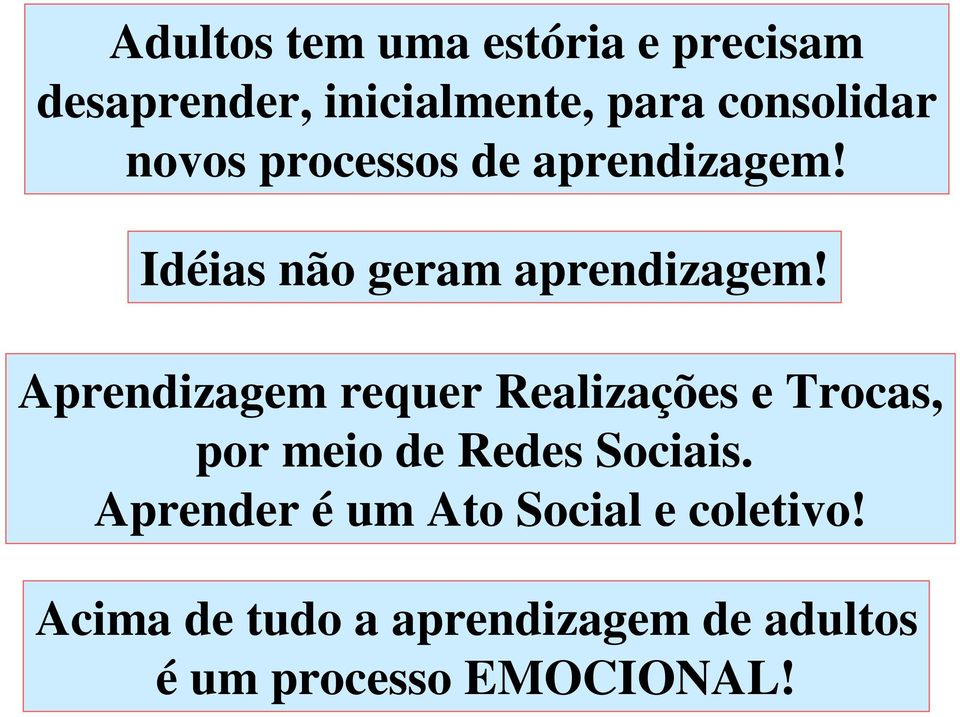 Aprendizagem requer Realizações e Trocas, por meio de Redes Sociais.