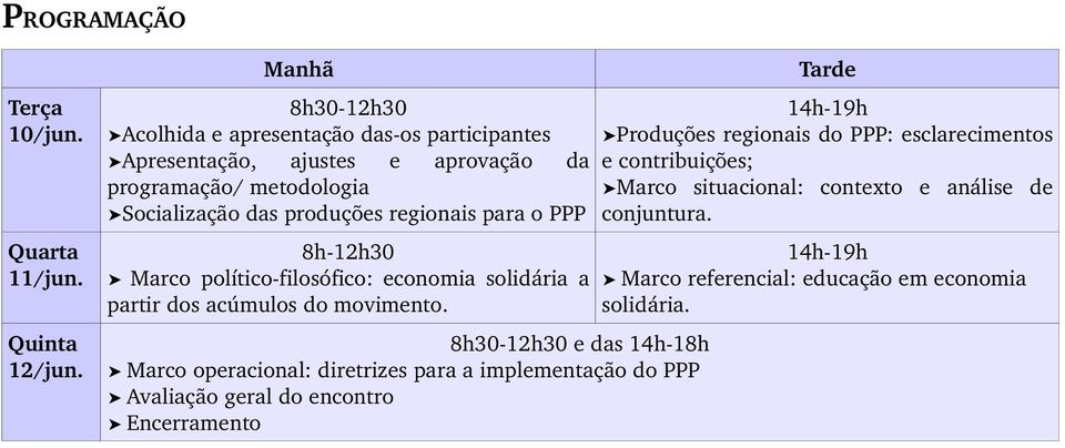 regionais para o PPP 8h 12h30 Marco político filosófico: economia solidária a partir dos acúmulos do movimento.