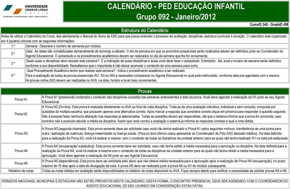 º Semana: Descreve o número de semanas por módulo. Data: As datas são contabilizadas semanalmente de domingo a sábado.