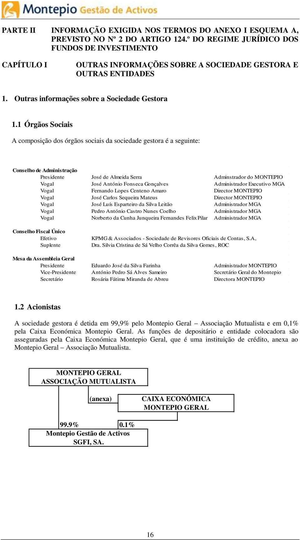 1 Órgãos Sociais A composição dos órgãos sociais da sociedade gestora é a seguinte: Conselho de Administração Presidente José de Almeida Serra Adminstrador do MONTEPIO Vogal José António Fonseca