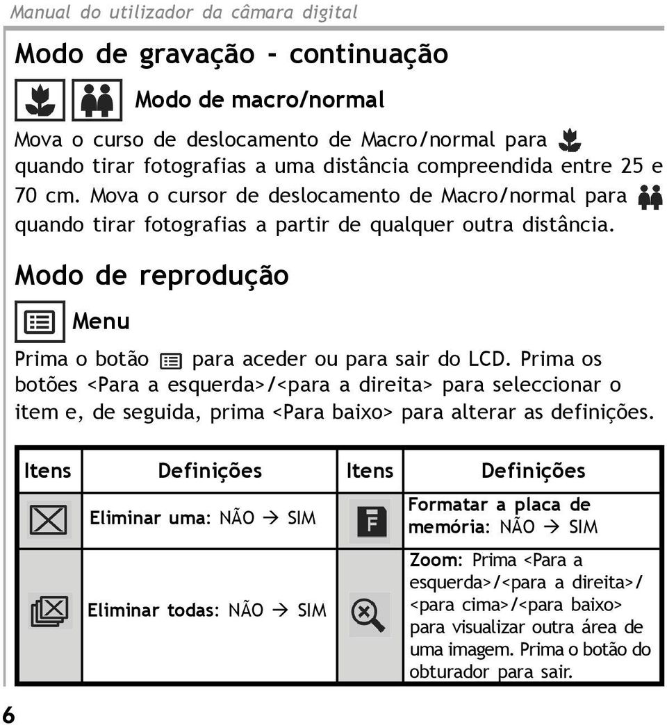 Modo de reprodução Menu Prima o botão para aceder ou para sair do LCD.