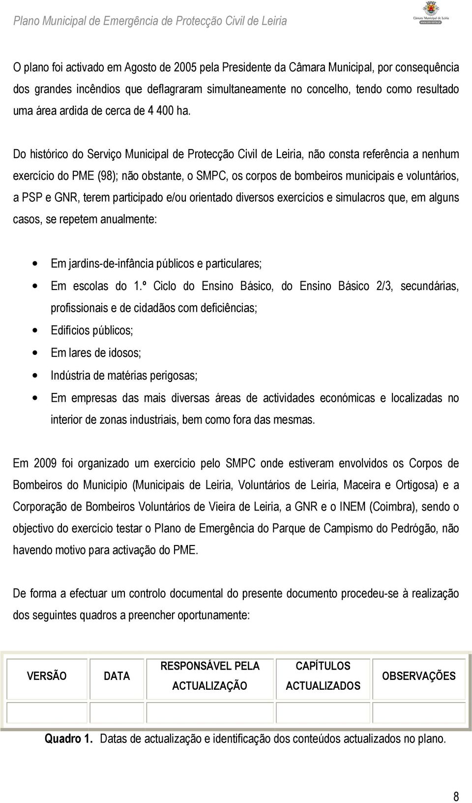 Do histórico do Serviço Municipal de Protecção Civil de Leiria, não consta referência a nenhum exercício do PME (98); não obstante, o SMPC, os corpos de bombeiros municipais e voluntários, a PSP e