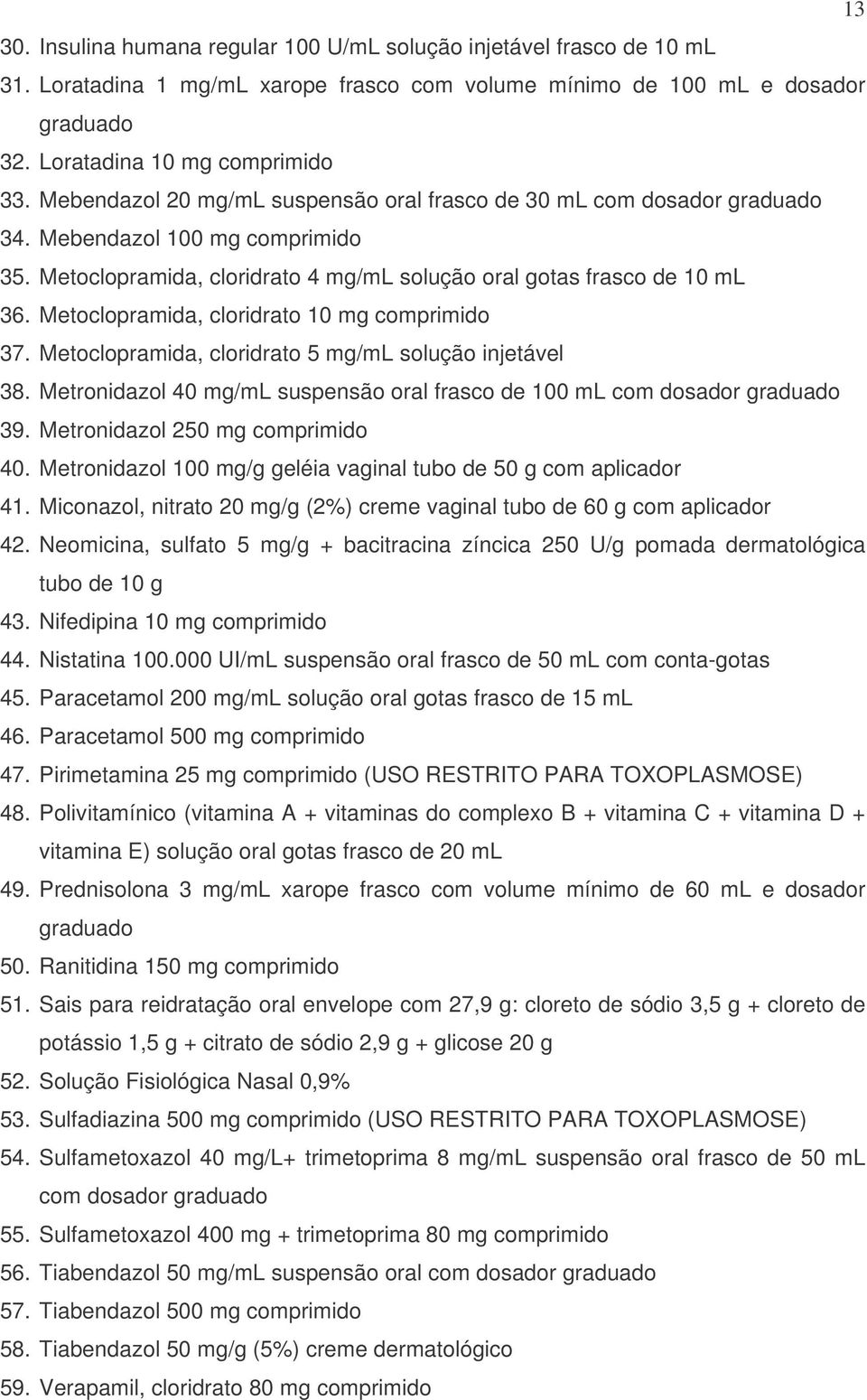 Metoclopramida, cloridrato 10 mg comprimido 37. Metoclopramida, cloridrato 5 mg/ml solução injetável 38. Metronidazol 40 mg/ml suspensão oral frasco de 100 ml com dosador graduado 39.