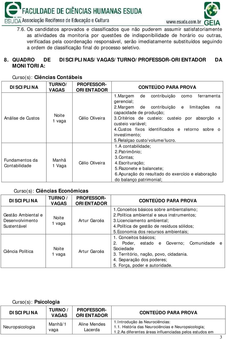 QUADRO DE DISCIPLINAS/VAGAS/TURNO/PROFESSOR-ORIENTADOR DA MONITORIA: Curso(s): Ciências Contábeis TURNO/ PROFESSOR- DISCIPLINA VAGAS ORIENTADOR Noite Análise de Custos Célio Oliveira 1 Fundamentos da