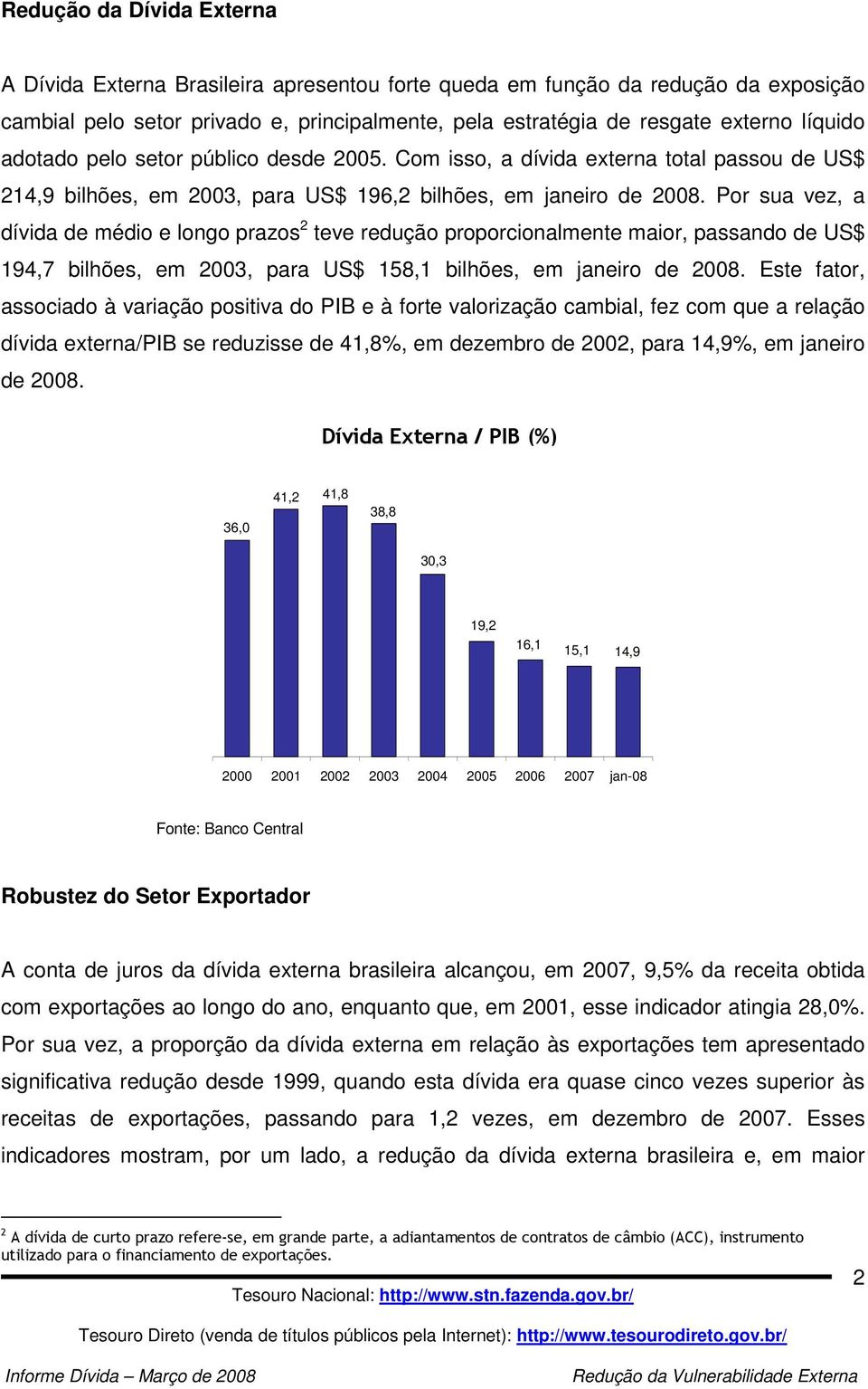 Por sua vez, a dívida de médio e longo prazos 2 teve redução proporcionalmente maior, passando de US$ 194,7 bilhões, em 2003, para US$ 158,1 bilhões, em janeiro de 2008.