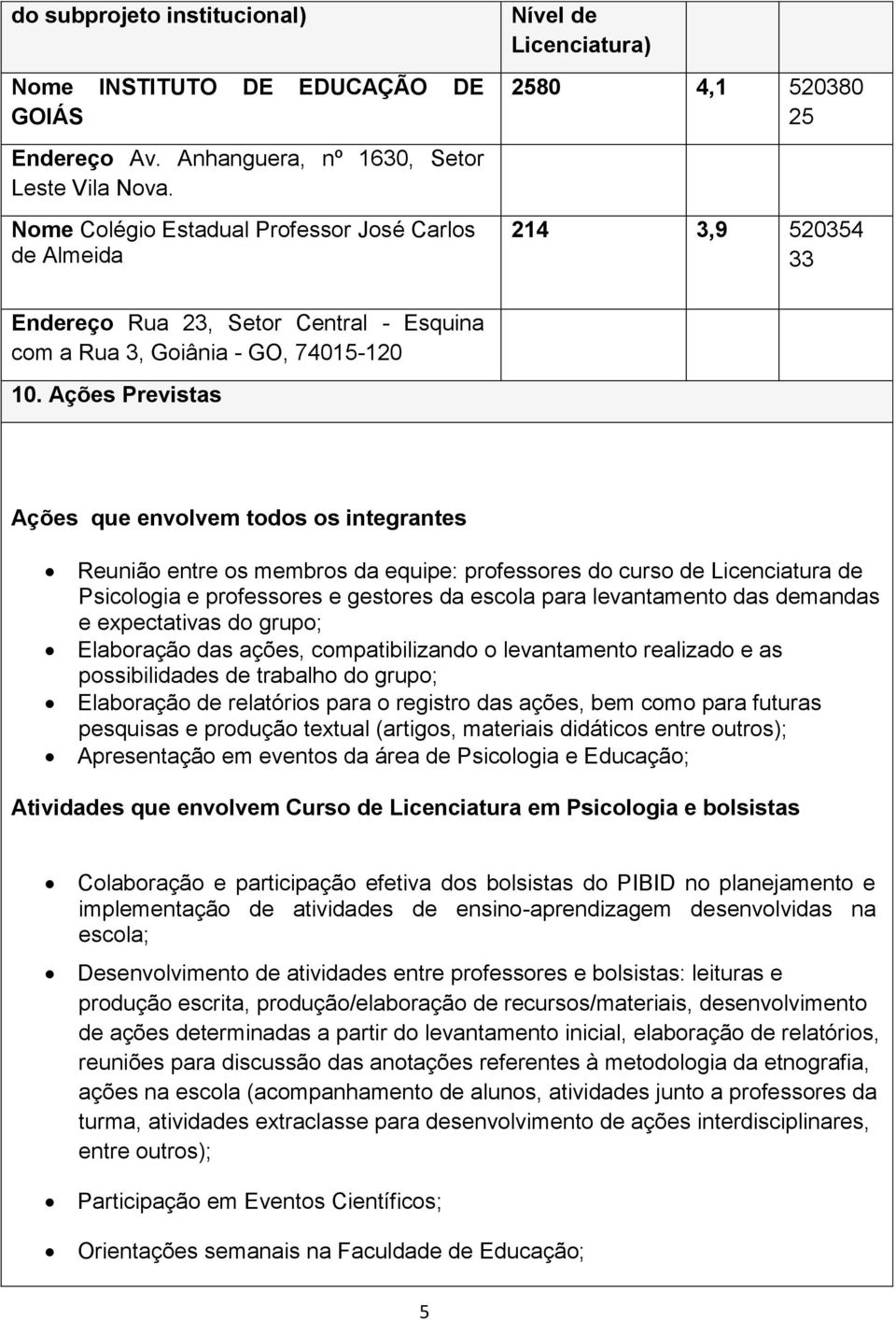 Ações Previstas Ações que envolvem todos os integrantes Reunião entre os membros da equipe: professores do curso de Licenciatura de Psicologia e professores e gestores da escola para levantamento das