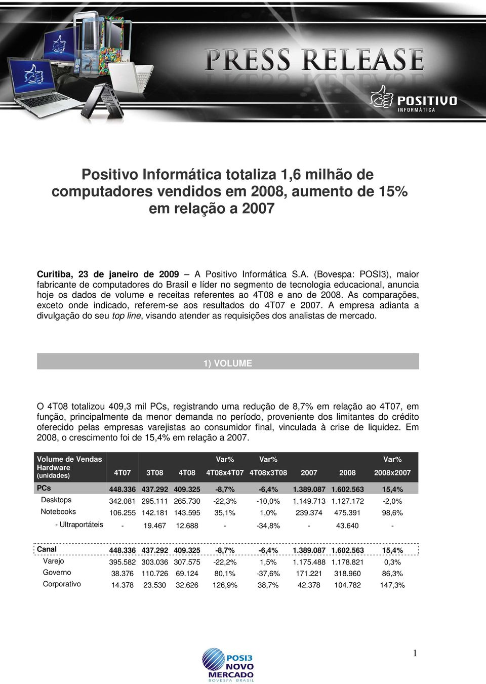 (Bovespa: POSI3), maior fabricante de computadores do Brasil e líder no segmento de tecnologia educacional, anuncia hoje os dados de volume e receitas referentes ao e ano de 2008.