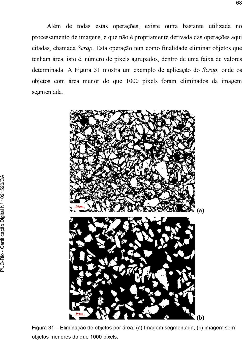 Esta operação tem como finalidade eliminar objetos que tenham área, isto é, número de pixels agrupados, dentro de uma faixa de valores