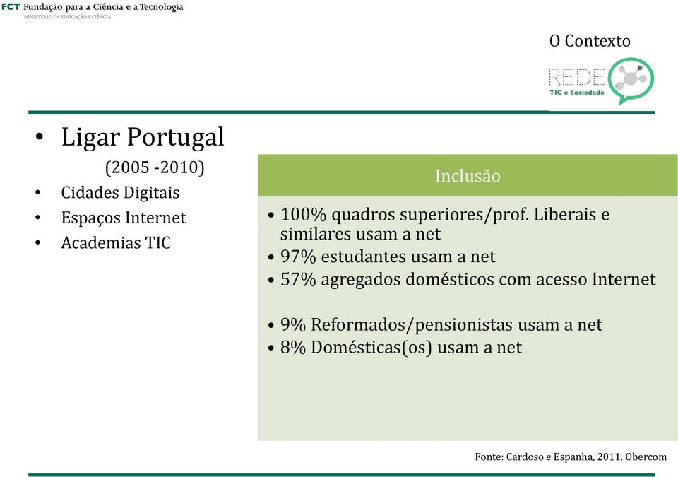 Liberais e similares usam a net 97% estudantes usam a net 57% agregados domésticos