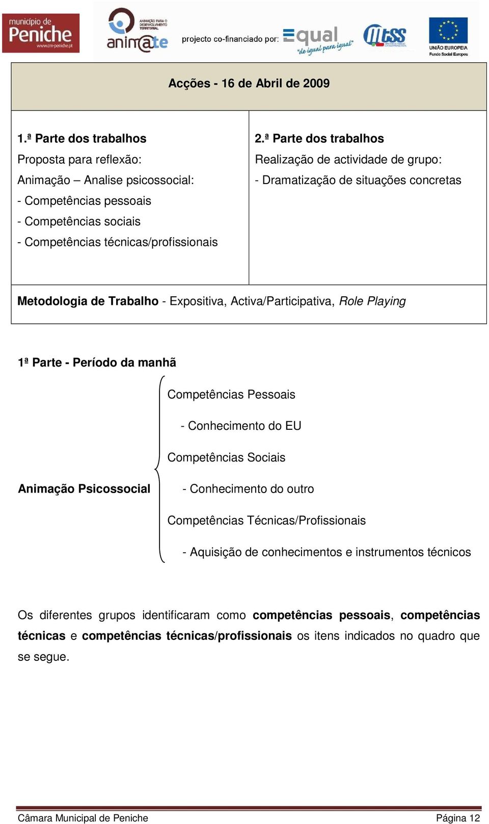 Competências Pessoais - Conhecimento do EU Competências Sociais Animação Psicossocial - Conhecimento do outro Competências Técnicas/Profissionais - Aquisição de conhecimentos e instrumentos técnicos