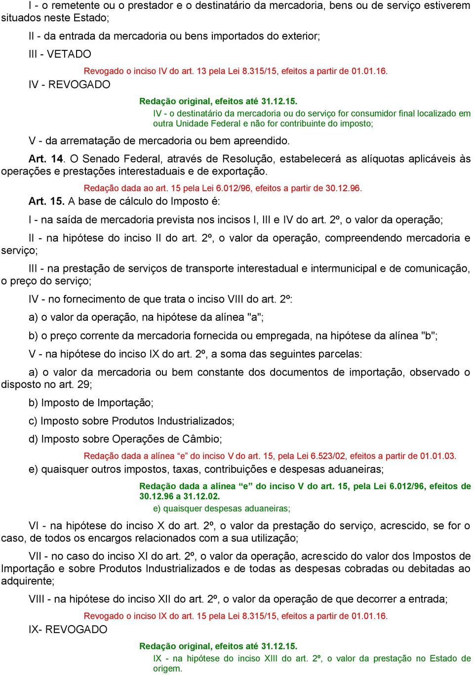 15, efeitos a partir de 01.01.16. IV - REVOGADO Redação original, efeitos até 31.12.15. IV - o destinatário da mercadoria ou do serviço for consumidor final localizado em outra Unidade Federal e não for contribuinte do imposto; V - da arrematação de mercadoria ou bem apreendido.