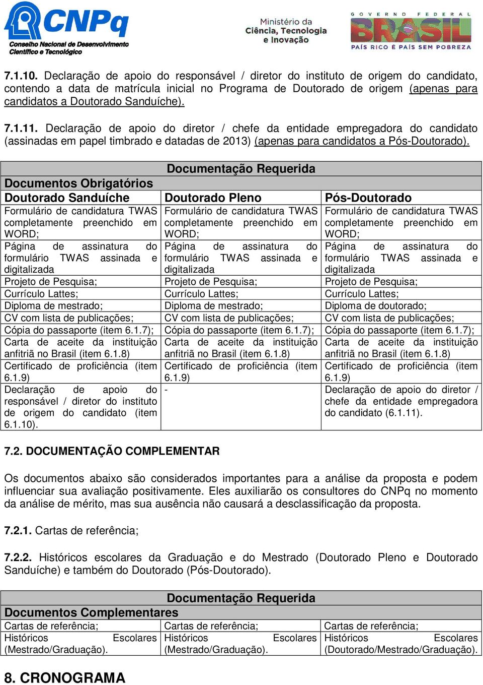 Sanduíche). 7.1.11. Declaração de apoio do diretor / chefe da entidade empregadora do candidato (assinadas em papel timbrado e datadas de 2013) (apenas para candidatos a Pós-Doutorado).