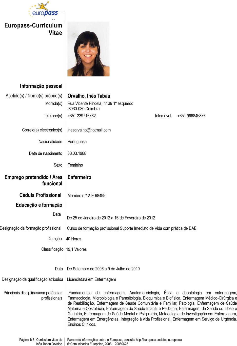 03.1988 Sexo Emprego pretendido / Área funcional Cédula Profissional Educação e Designação da profissional Duração Classificação Feminino Enfermeiro Membro n.