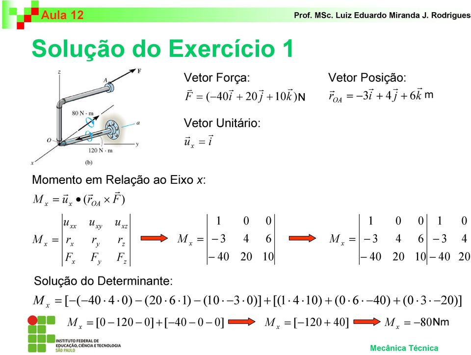 Unitáio: = i Momento em Relação ao Eio : M = ( ) OA M = y y y z z z M = 1 3 40 0 4 20 0 6 10 M = 1 3