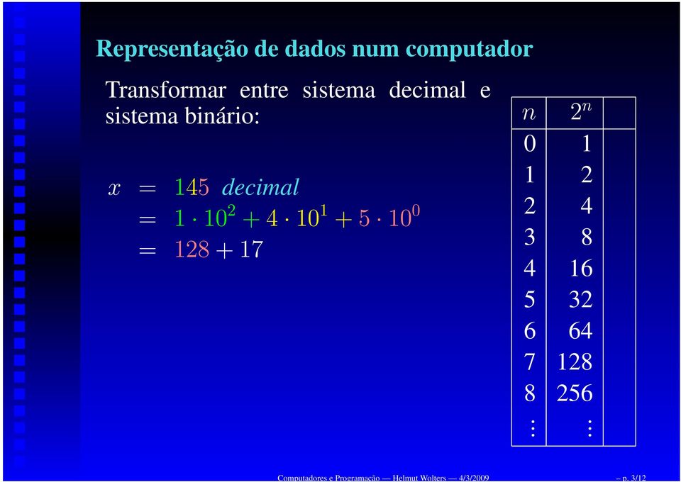 binário: x = 145 decimal = 1 10 2 + 4 10 1 + 5 10 0 =