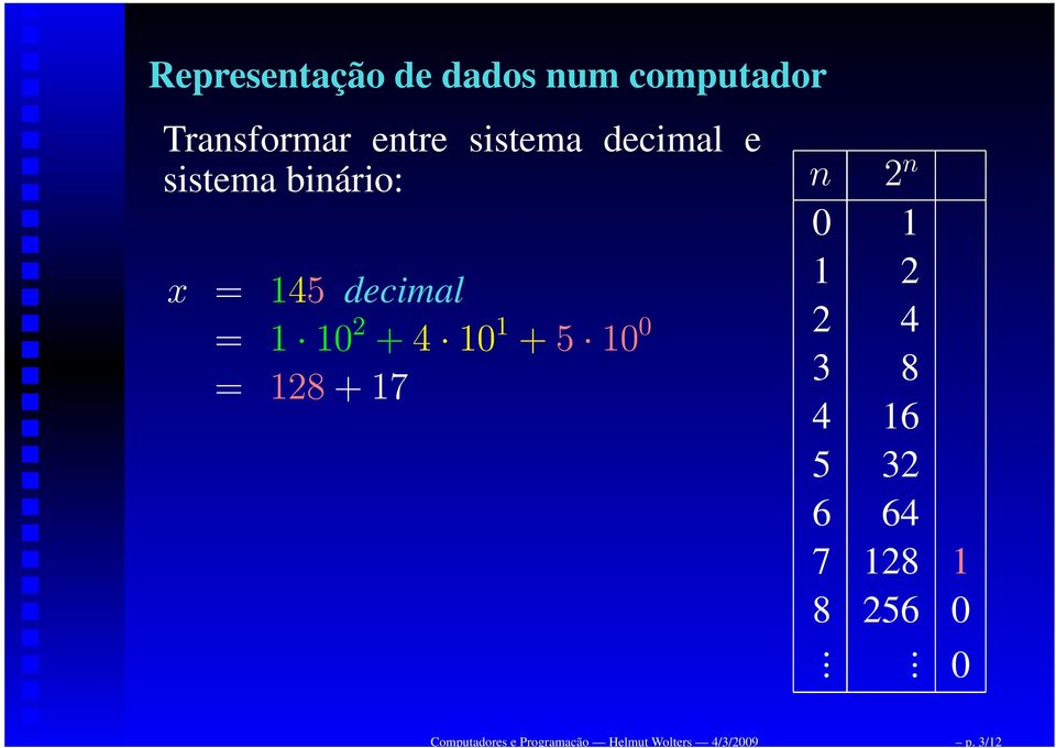 binário: x = 145 decimal = 1 10 2 + 4 10 1 + 5 10 0 =