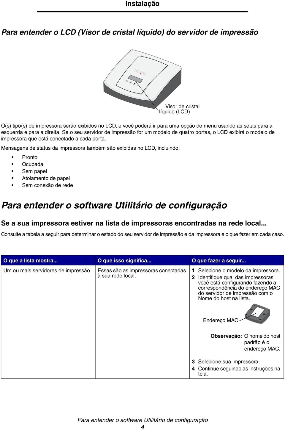 Mensagens de status da impressora também são exibidas no LCD, incluindo: Pronto Ocupada Sem papel Atolamento de papel Sem conexão de rede Para entender o software Utilitário de configuração Se a sua