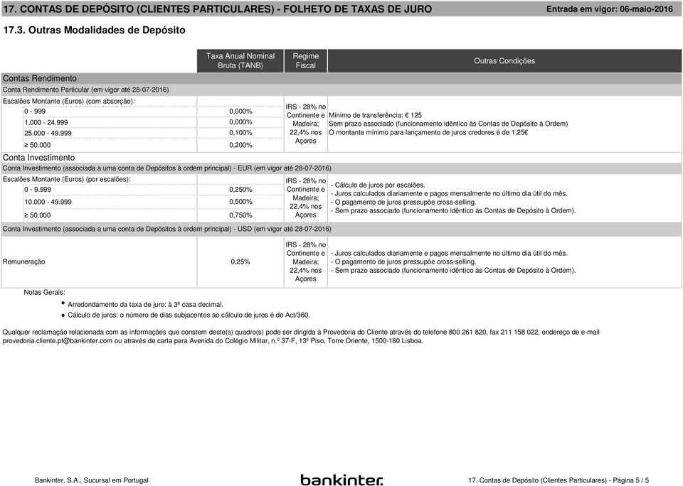000 0,200% Conta Investimento Conta Investimento (associada a uma conta de Depósitos à ordem principal) - EUR (em vigor até 28-07-2016) 0-9.999 0,250% 0,500% 50.