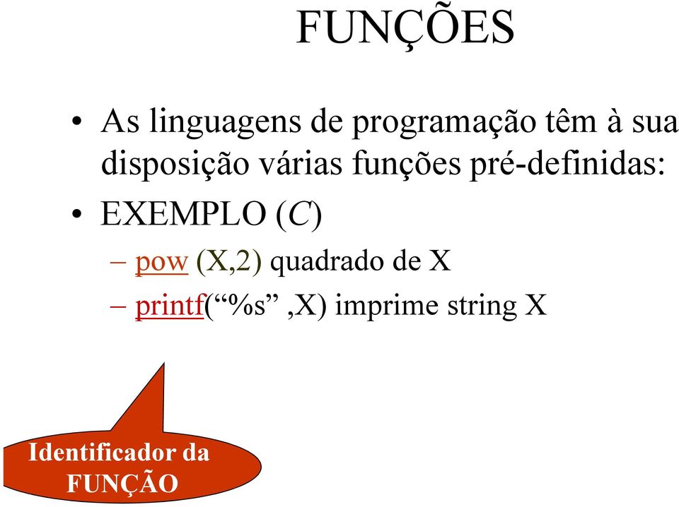 EXEMPLO (C) pow (X,2) quadrado de X printf(