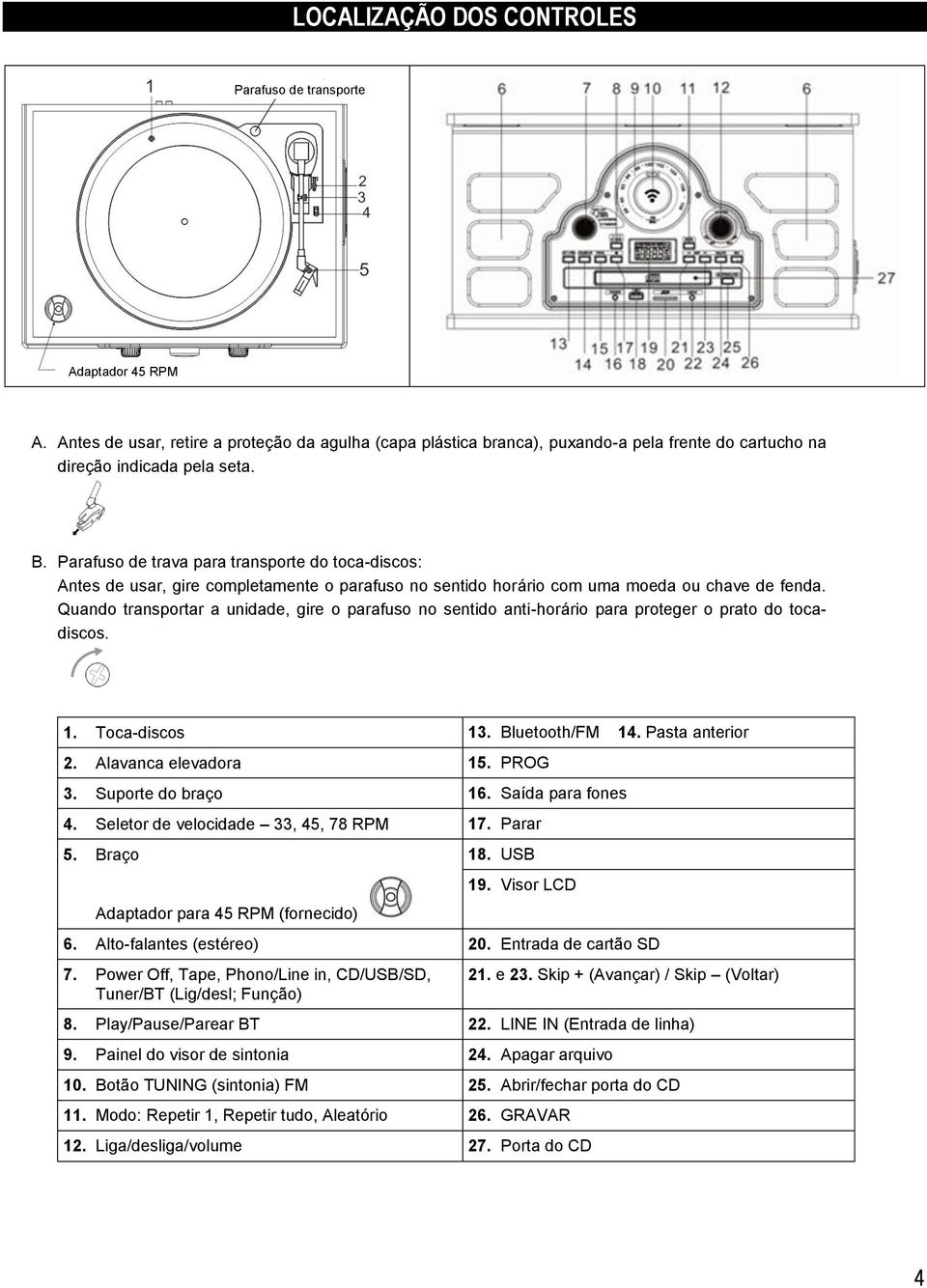 Quando transportar a unidade, gire o parafuso no sentido anti-horário para proteger o prato do tocadiscos. 1. Toca-discos 13. Bluetooth/FM 14. Pasta anterior 2. Alavanca elevadora 15. PROG 3.