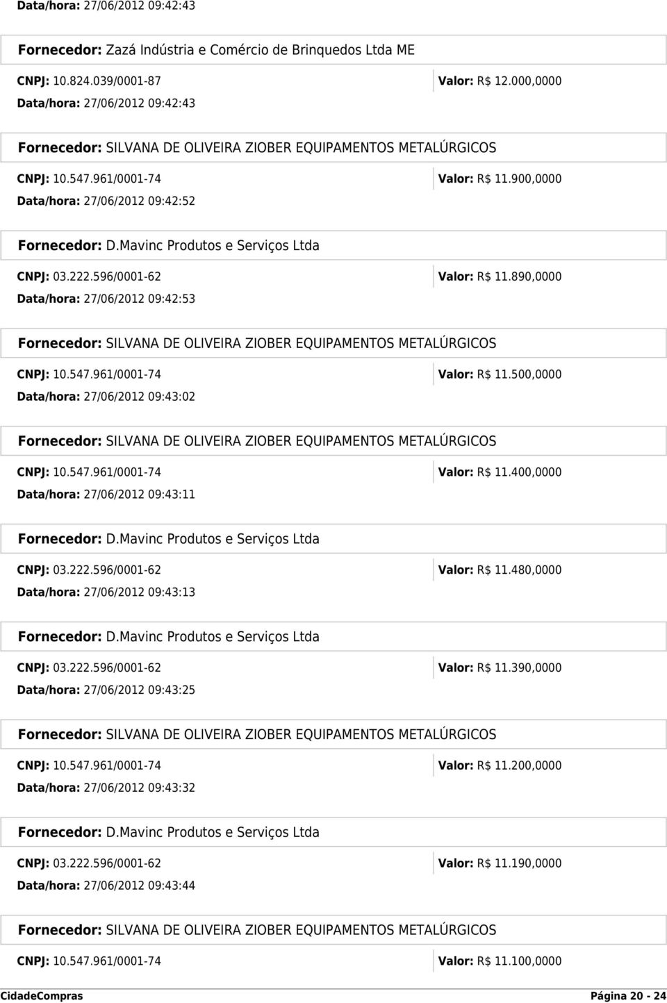 222.596/0001-62 Valor: R$ 11.480,0000 Data/hora: 27/06/2012 09:43:13 CNPJ: 03.222.596/0001-62 Valor: R$ 11.390,0000 Data/hora: 27/06/2012 09:43:25 CNPJ: 10.547.961/0001-74 Valor: R$ 11.