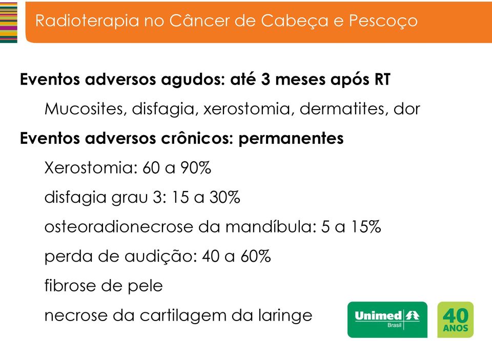 permanentes Xerostomia: 60 a 90% disfagia grau 3: 15 a 30% osteoradionecrose da