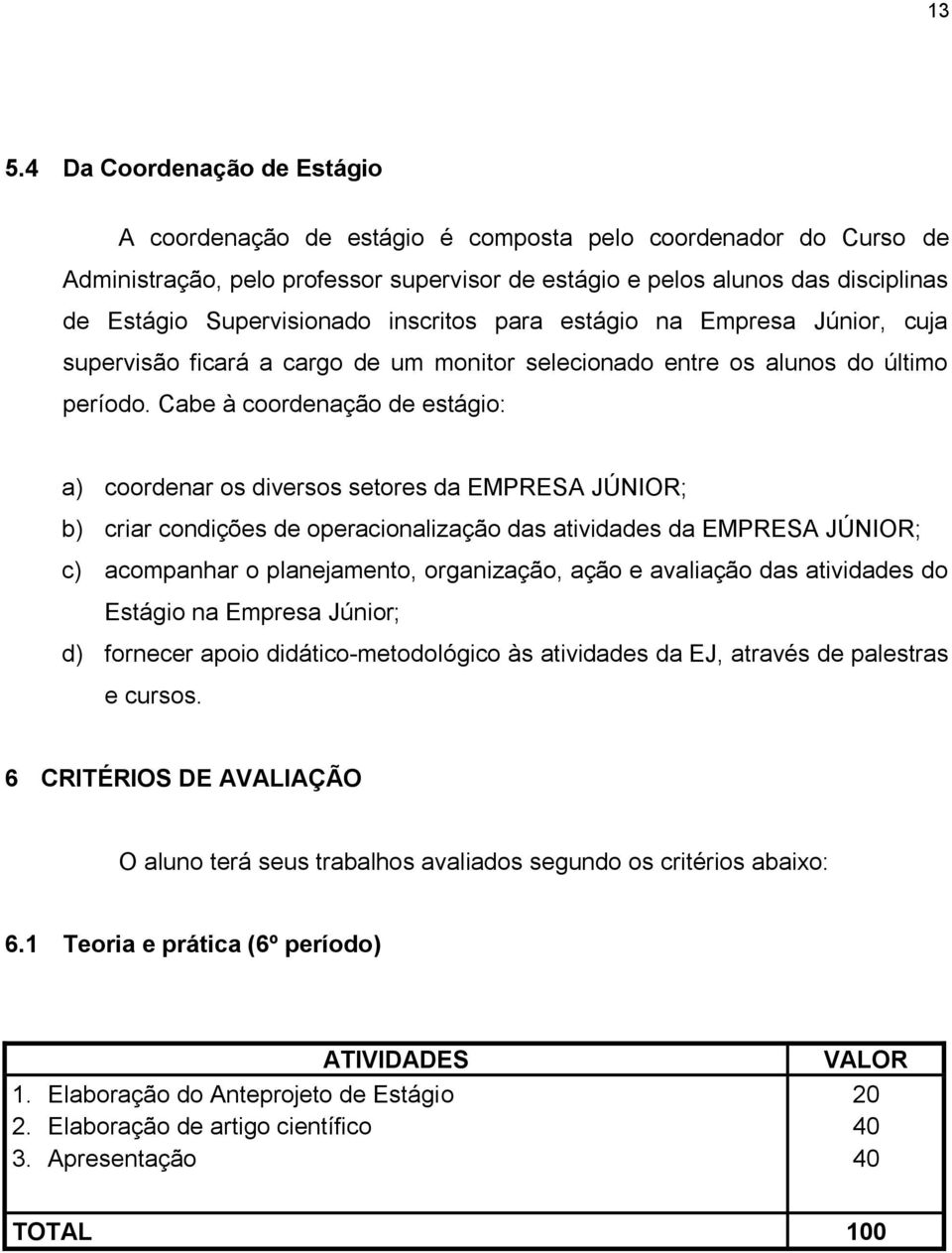 Cabe à coordenação de estágio: a) coordenar os diversos setores da EMPRESA JÚNIOR; b) criar condições de operacionalização das atividades da EMPRESA JÚNIOR; c) acompanhar o planejamento, organização,