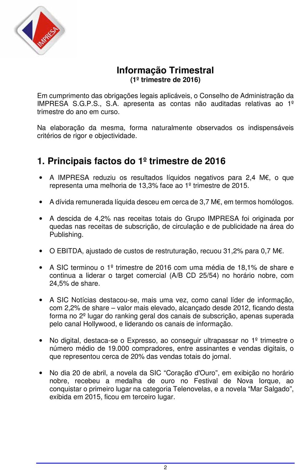 Principais factos do 1º trimestre de 2016 A IMPRESA reduziu os resultados líquidos negativos para 2,4 M, o que representa uma melhoria de 13,3% face ao 1º trimestre de 2015.