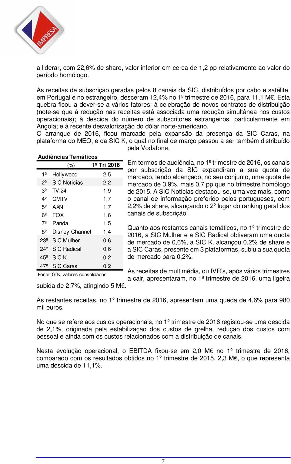 Esta quebra ficou a dever-se a vários fatores: à celebração de novos contratos de distribuição (note-se que à redução nas receitas está associada uma redução simultânea nos custos operacionais); à