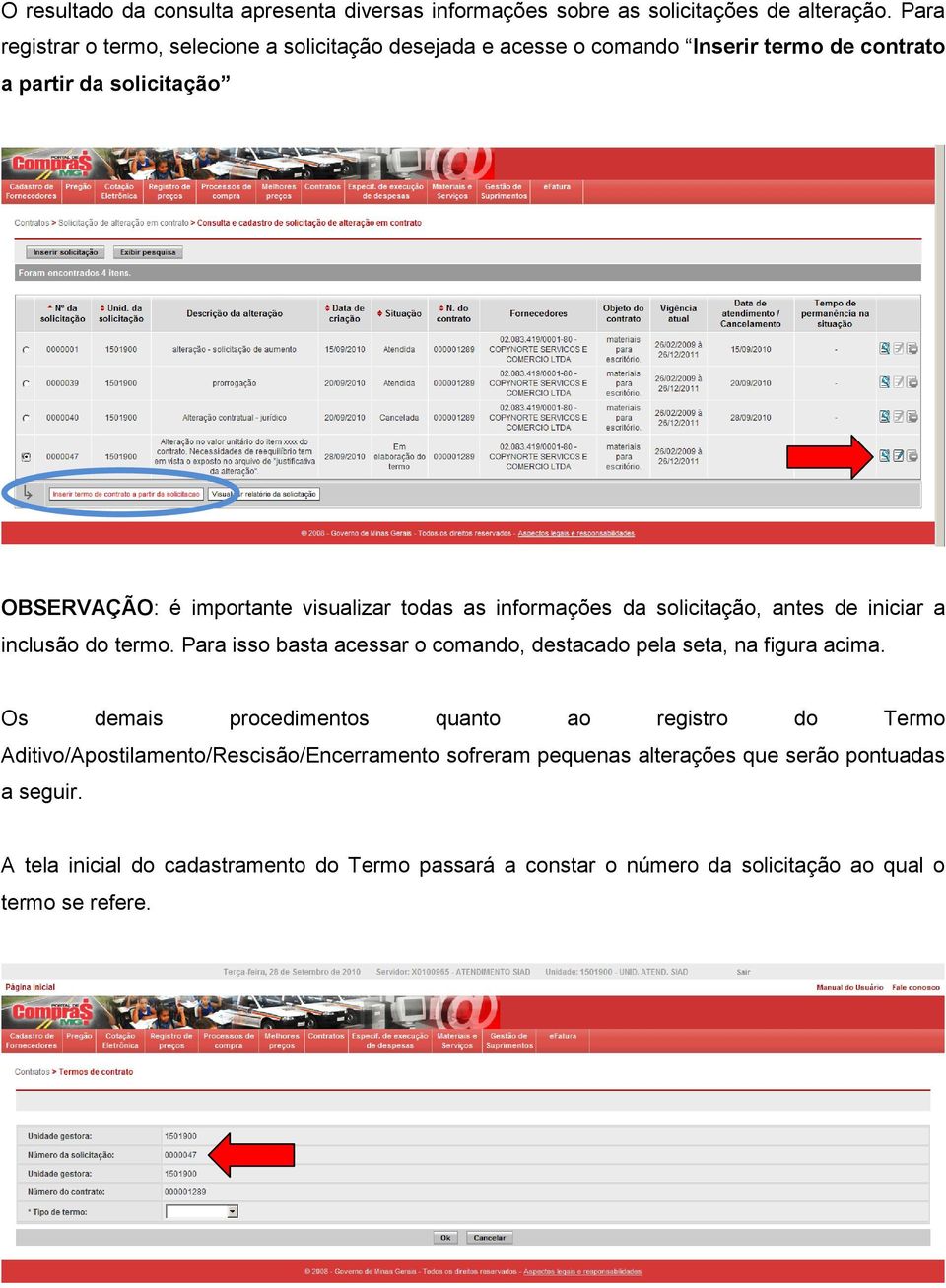 todas as informações da solicitação, antes de iniciar a inclusão do termo. Para isso basta acessar o comando, destacado pela seta, na figura acima.