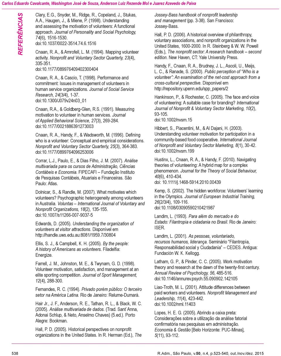 A., & Amrofell, L. M. (1994). Mapping volunteer activity. Nonprofit and Voluntary Sector Quarterly, 23(4), 335-351. doi:10.1177/089976409402300404 Cnaan, R. A., & Cascio, T. (1998).