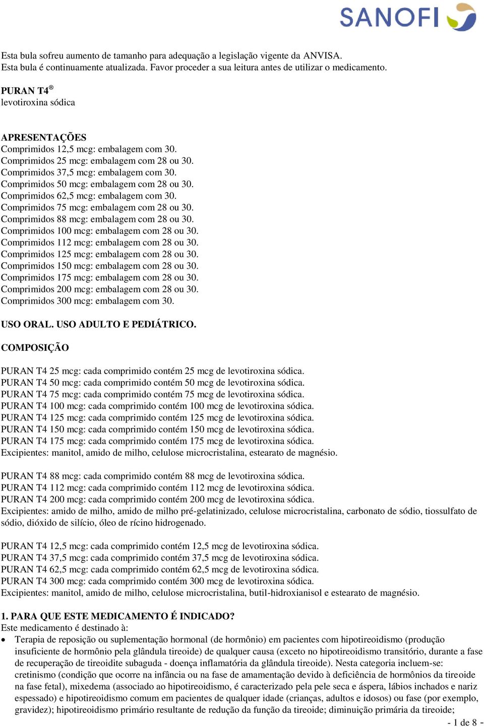 Comprimidos 50 mcg: embalagem com 28 ou 30. Comprimidos 62,5 mcg: embalagem com 30. Comprimidos 75 mcg: embalagem com 28 ou 30. Comprimidos 88 mcg: embalagem com 28 ou 30.