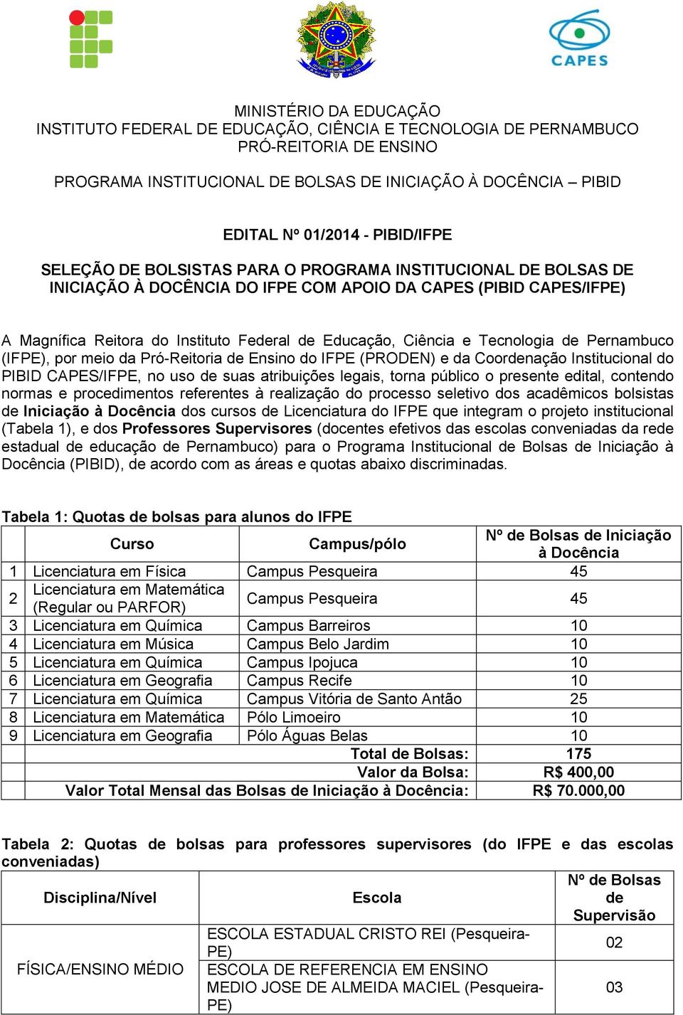 Ciência e Tecnologia de Pernambuco (IF, por meio da Pró-Reitoria de Ensino do IFPE (PRODEN) e da Coordenação Institucional do PIBID CAPES/IFPE, no uso de suas atribuições legais, torna público o